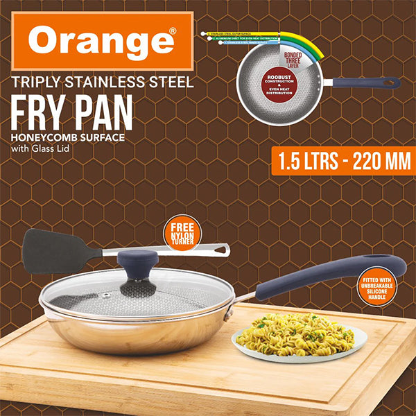 Orange Triply Stainless Steel Honeycomb Fry Pan with Long Handle 22 Cm - 1 Pc
