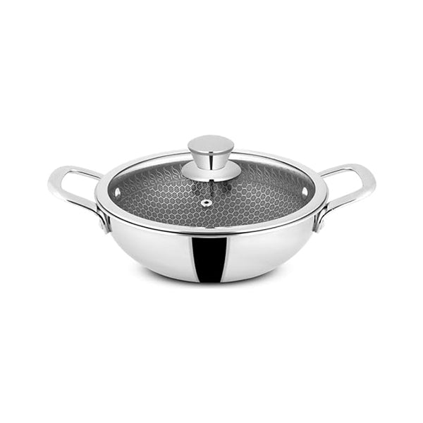 Orange Triply Stainless Steel Honeycomb Deep Kadai with Glass Lid 2 L - 1 Pc