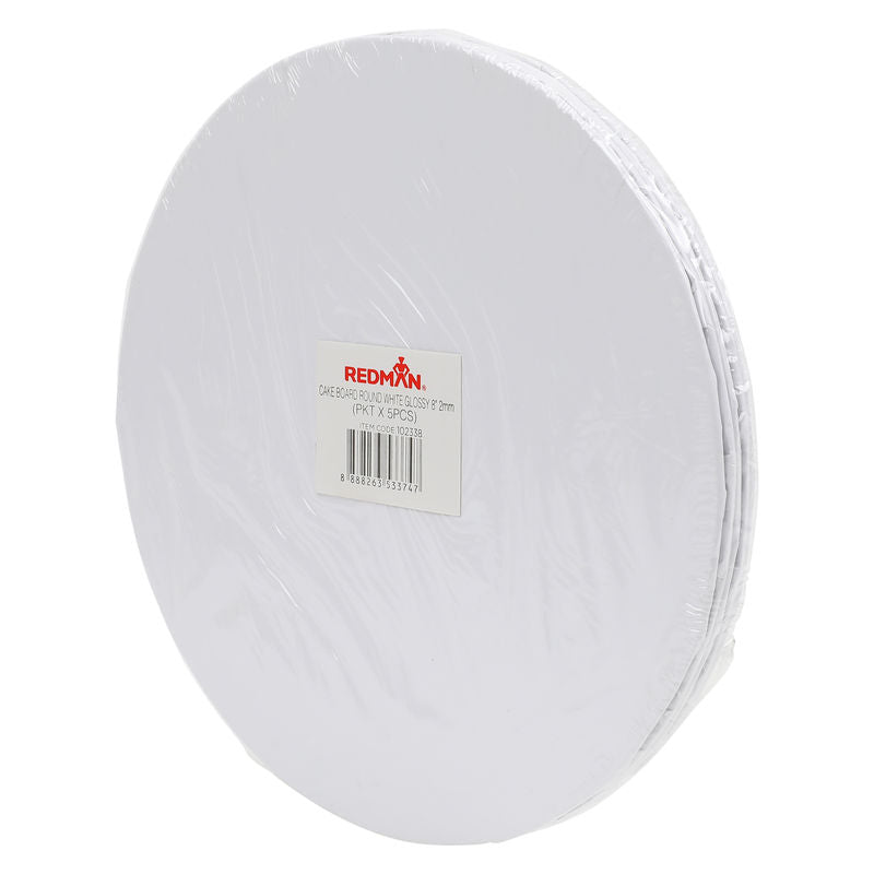 Redman Round Cake Board 8" Glossy White  -  5Pc