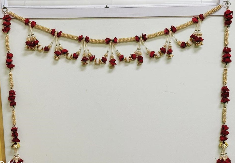 Festive Pearl Beaded with Red Rose Toran Door/ Wall Hanging Set - 1 Set