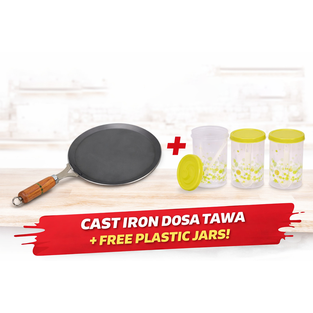 Pure Iron Dosa Tawa With Wooden Handle color may vary - 11 inch + FREE Storage Container 3 Pcs