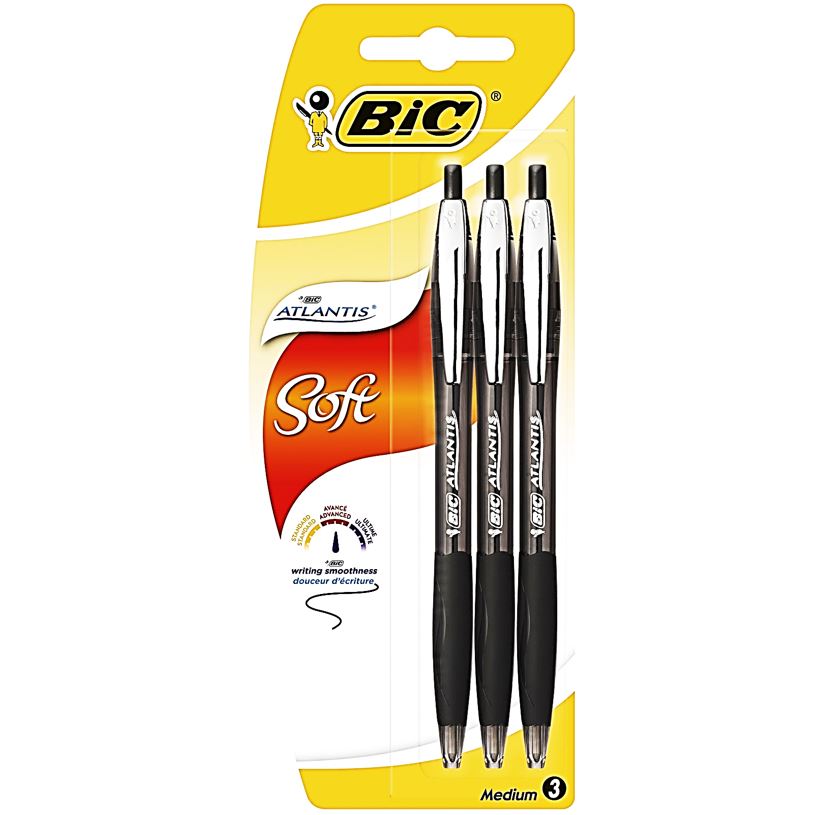 Bic 3 Atlantis Soft Black Ballpoint Pens  -  3Pc