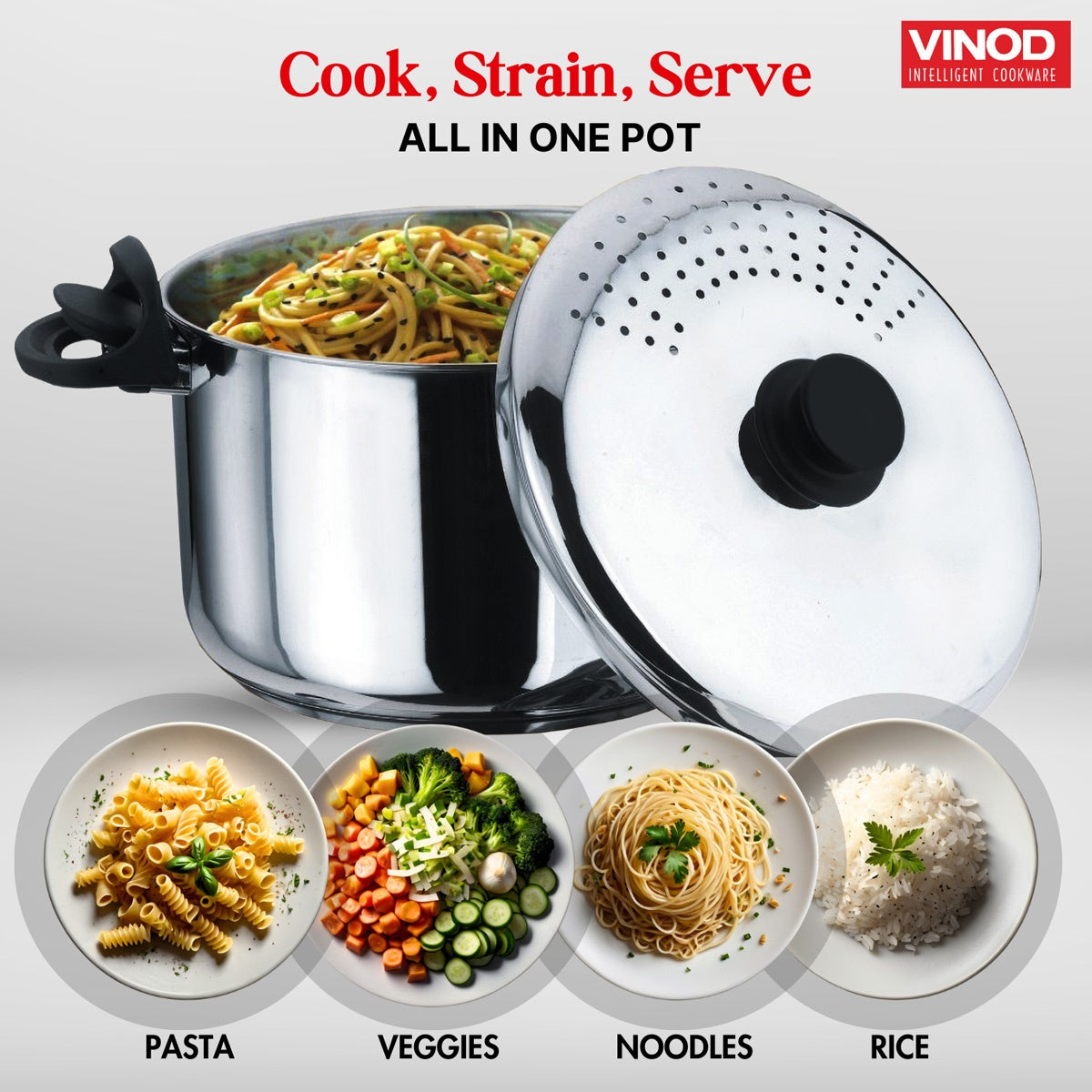 Vinod Stainless Steel Pasta Pot with Strainer lid - 6.8 L - STP + FREE Storage Container 1 Pc