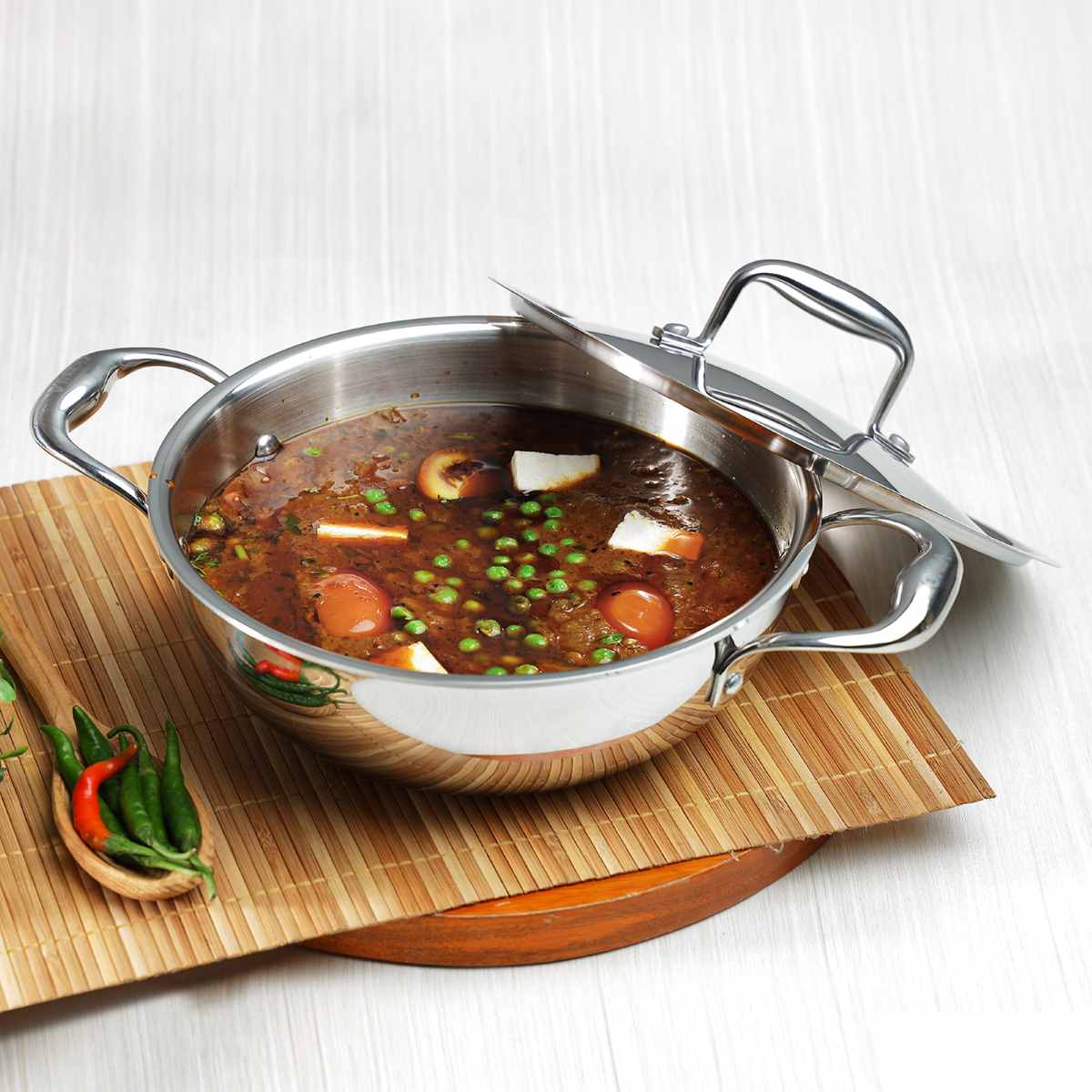Vinod Platinum Triply Stainless Steel Kadai with Lid - 2.5L (22cm) - EDPTKD22