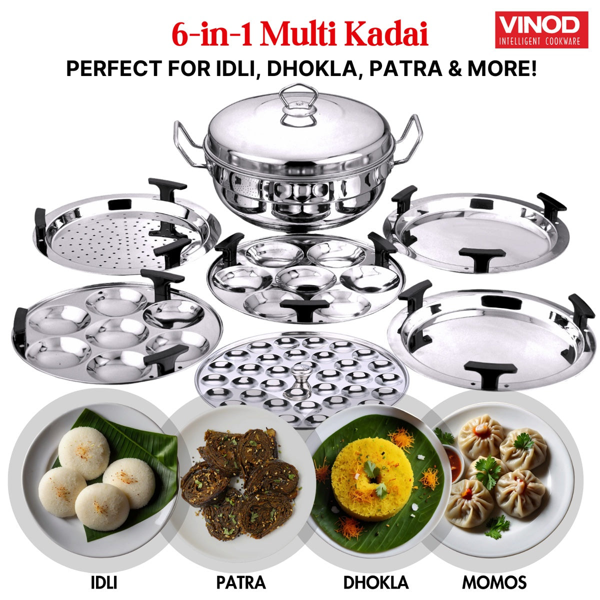 Vinod Stainless Steel Deluxe Multi Kadai with 6 Plates - 26 cm - SSMUKDDX