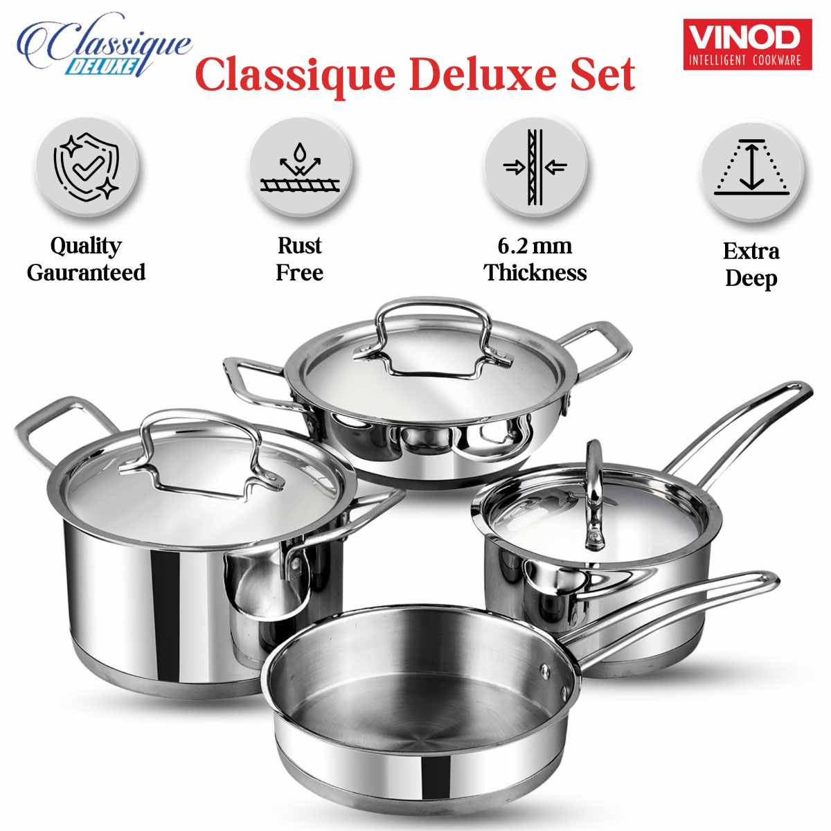 Vinod Classique Deluxe Stainless Steel Cookware - Set of 4 - DLXCLA4