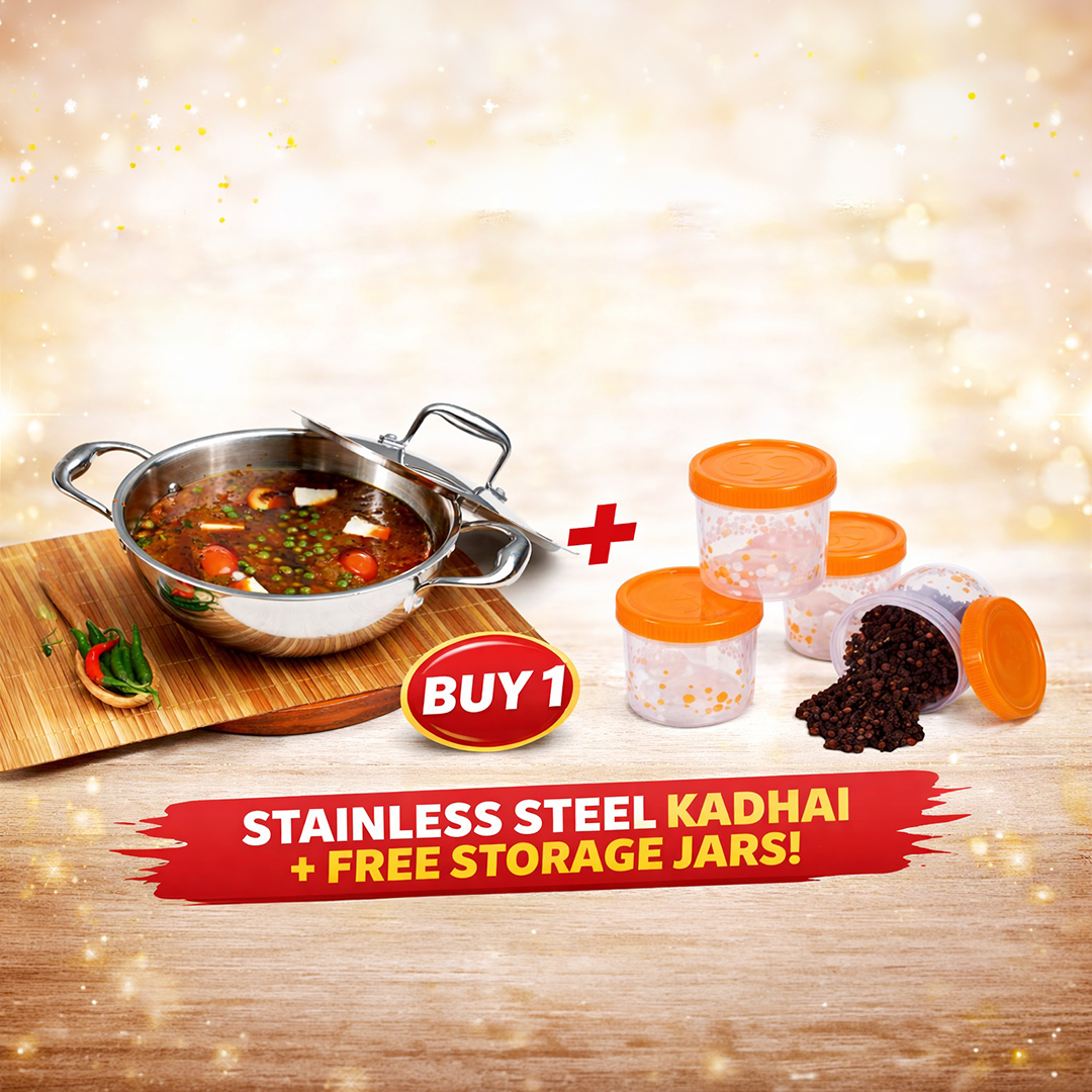 Vinod Platinum Triply Stainless Steel Kadai with Lid - 1.8 L (22cm) - PTKD22 + FREE Storage Container 4 Pcs