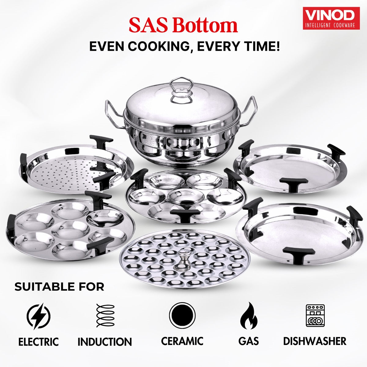 Vinod Stainless Steel Deluxe Multi Kadai with 6 Plates - 26 cm - SSMUKDDX