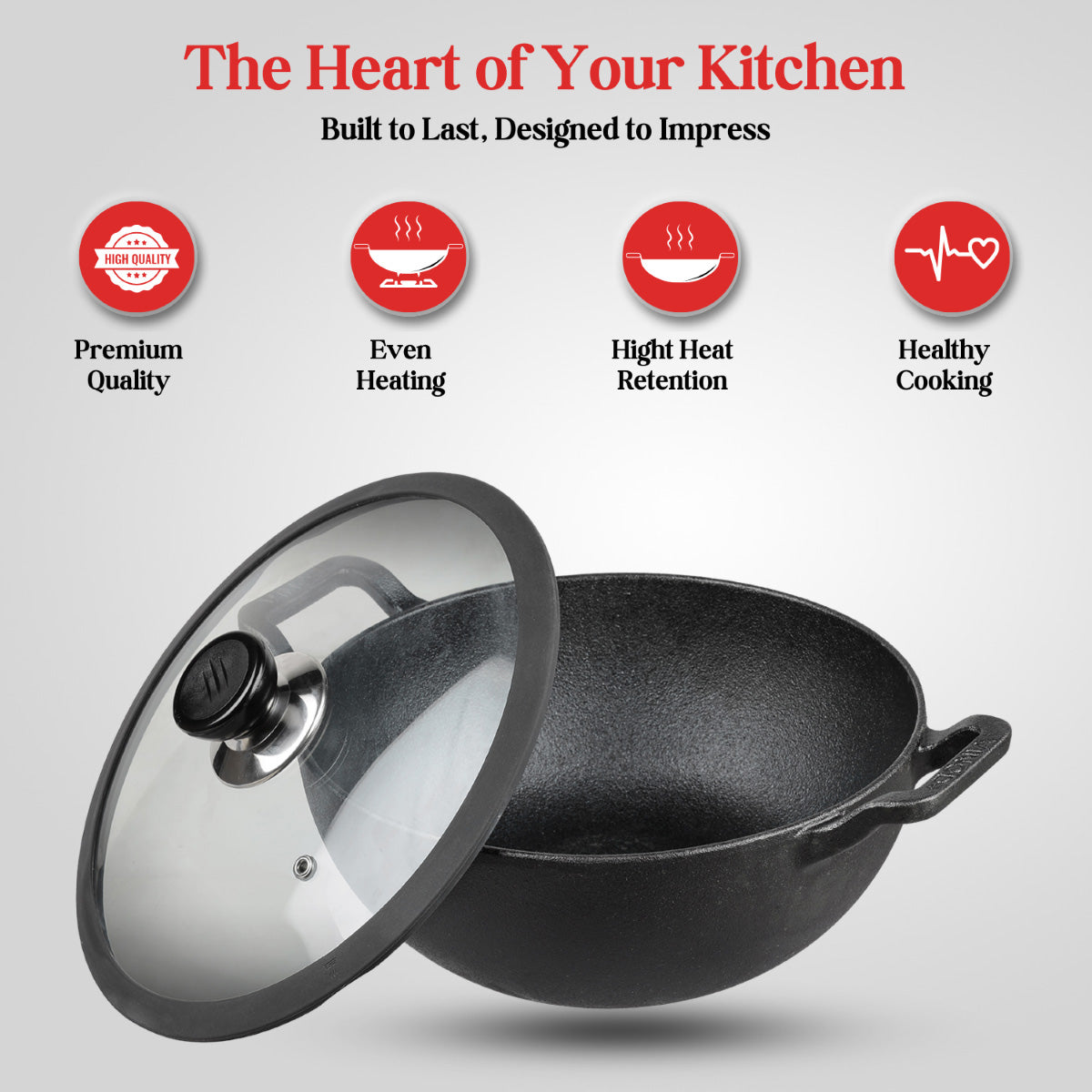 Vinod Legacy Pre Seasoned Cast Iron Kadai with Glass Lid - 2.4 L - LCIDK22