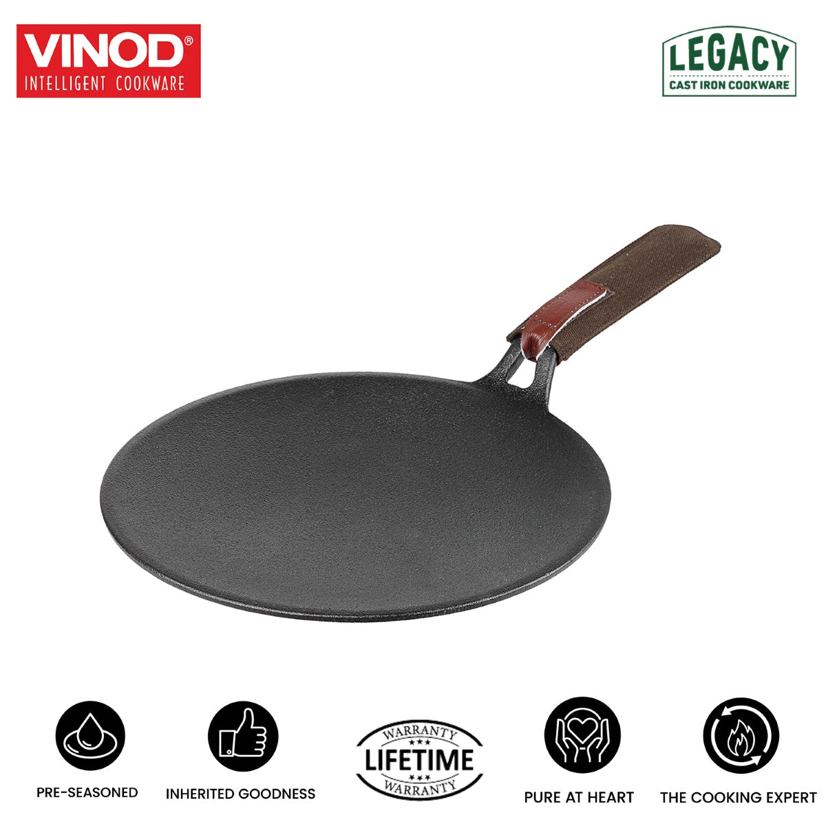 Vinod Legacy Pre Seasoned Cast Iron Roti/Chapati/Phulka Tawa with Handle - 26 cm - LCIT26