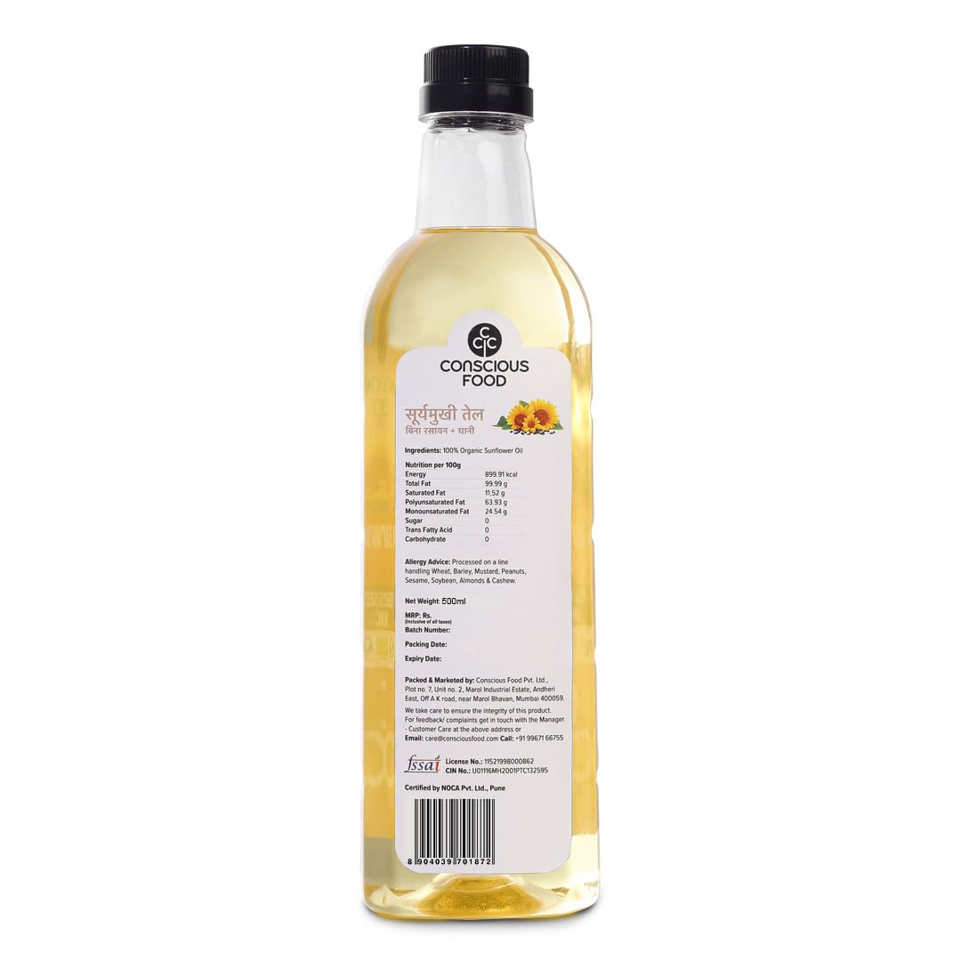 Conscious Food Cold Pressed Sunflower oil (Certified ORGANIC) - 500 ml