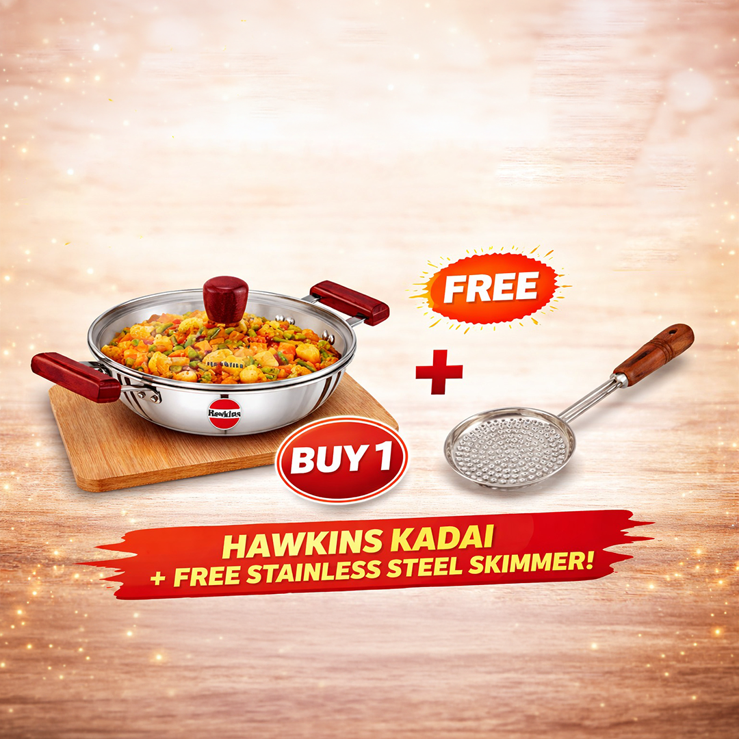 Hawkins Triply Stainless Steel Deep Fry Pan With Glass Lid - 1 Pc (2.5 L) + FREE Frying Ladle 1 Pc