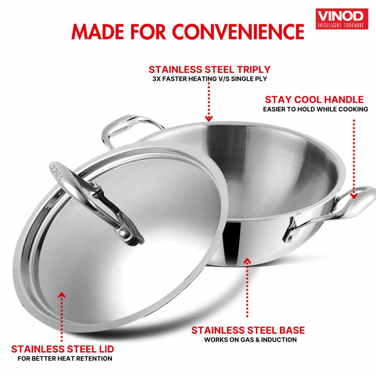 Vinod Platinum Triply Stainless Steel Extra Deep Kadai / Kadhai with SS Lid - 1.5 L - EDPTKD20