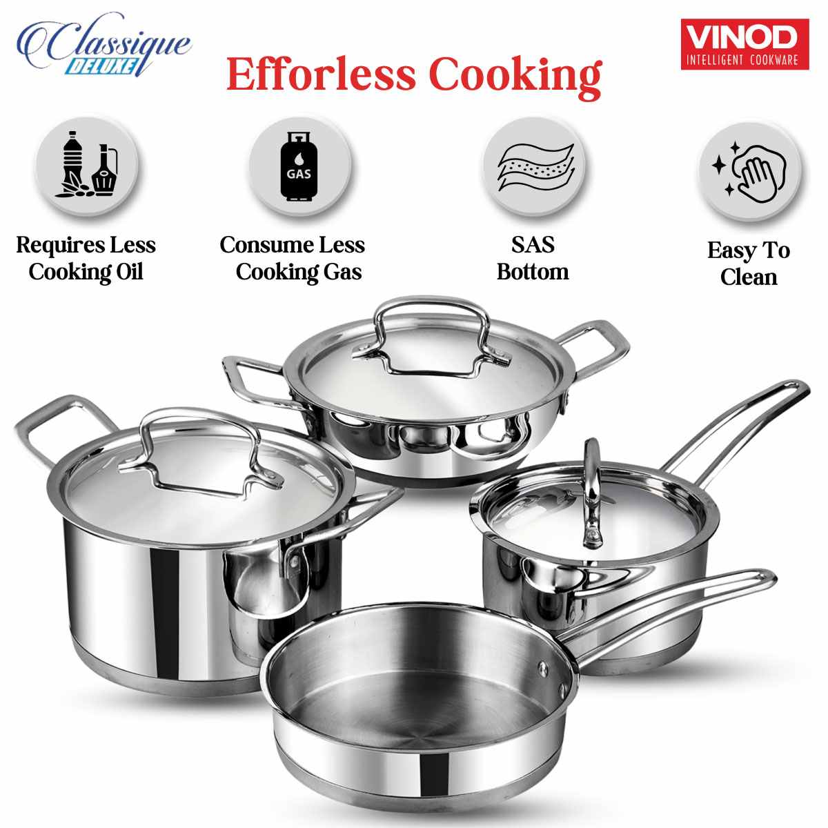Vinod Classique Deluxe Stainless Steel Cookware - Set of 4 - DLXCLA4