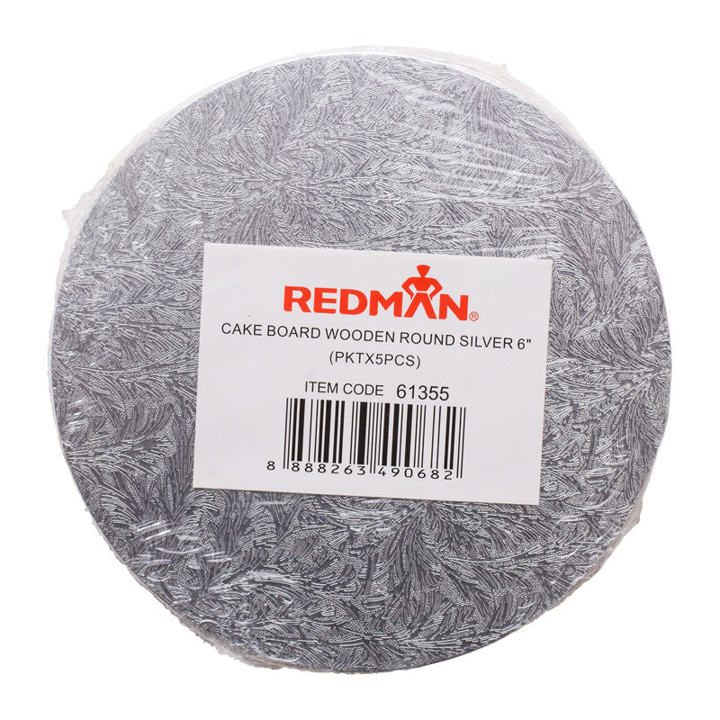 Redman Wooden Cakeboard Rd Silver 6"  - 5Pcs