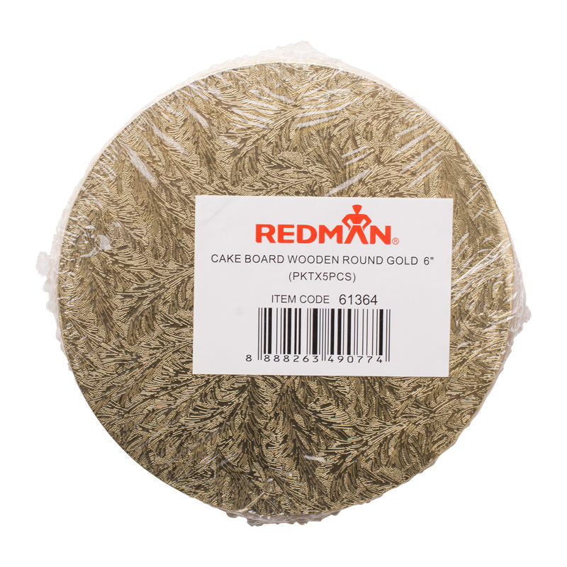 Redman Wooden Cakeboard Round Gold 6"  - 5Pcs