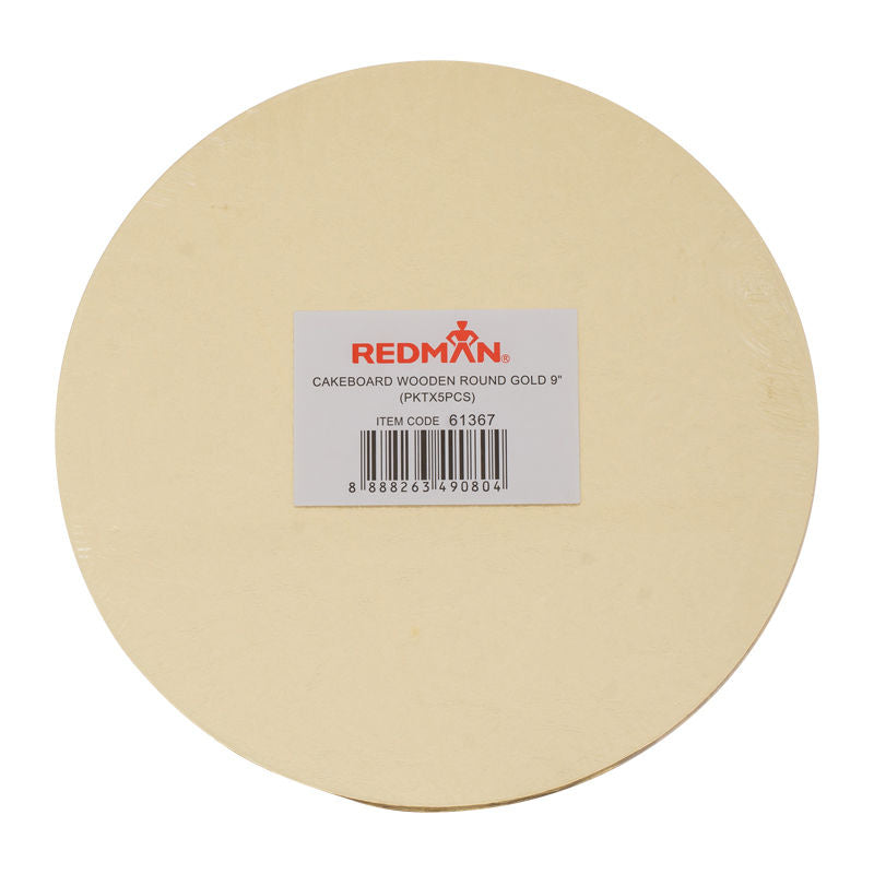 Redman Wooden Cakeboard Round Gold 9"  - 5Pcs