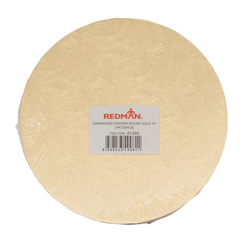 Redman Cakeboard Wooden Round Gold 10"  - 5Pcs