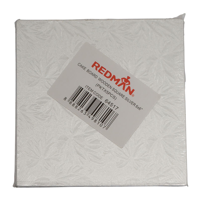 Redman Wooden Cakeboard Square Silver 6"  - 5Pcs