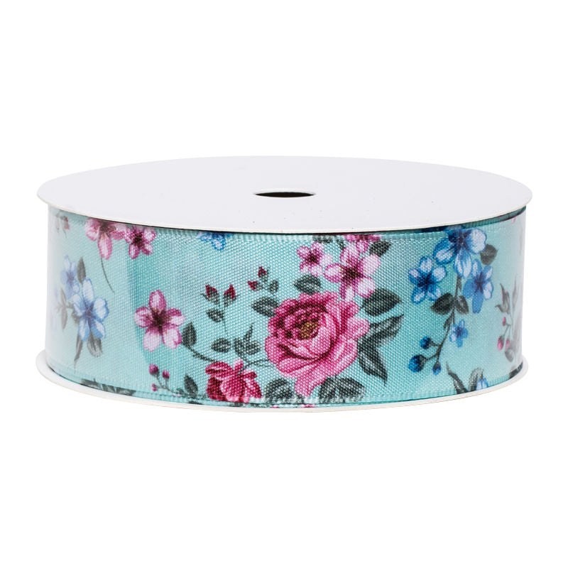 Redman Ribbon Blue W Floral Print 25Mmx12M - 1 Pc