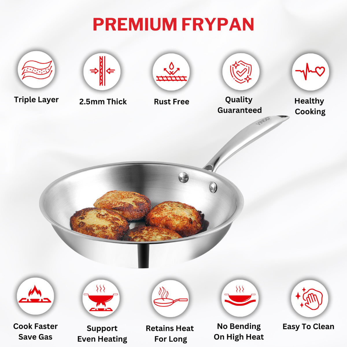 Vinod Platinum Triply Stainless Steel Frypan - 24 cm - PTF24