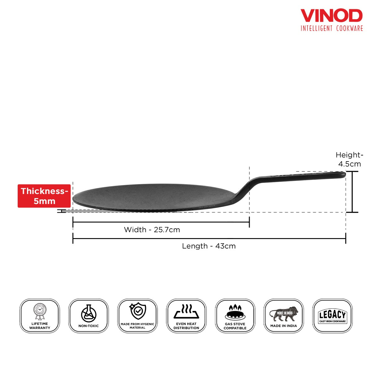 Vinod Legacy Pre Seasoned Cast Iron Roti/Chapati/Phulka Tawa with Handle - 26 cm - LCIT26