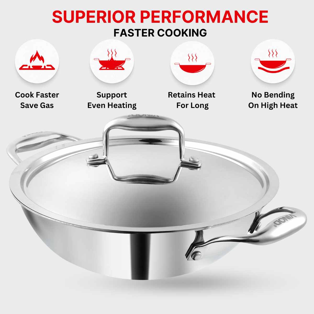 Vinod Platinum Triply Stainless Steel Extra Deep Kadai / Kadhai with SS Lid - 1.5 L - EDPTKD20