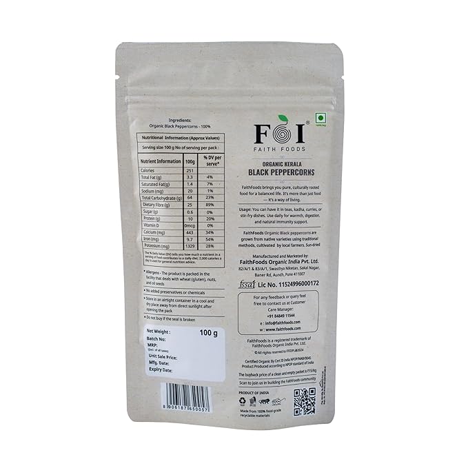 Faith Foods Black Kerala Peppercorns - 100 g