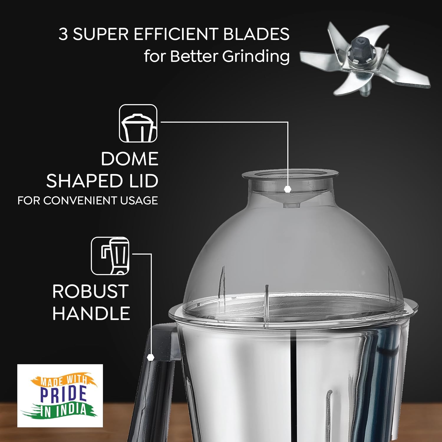 Steelhouse Prestige 750 Watts Grace Mixer Grinder with 3 Stainless Steel Jars - 1 Pc