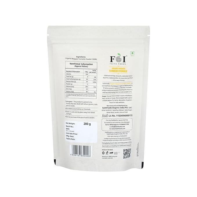 Faith Foods Organic Waigaon Turmeric Powder - 200 g