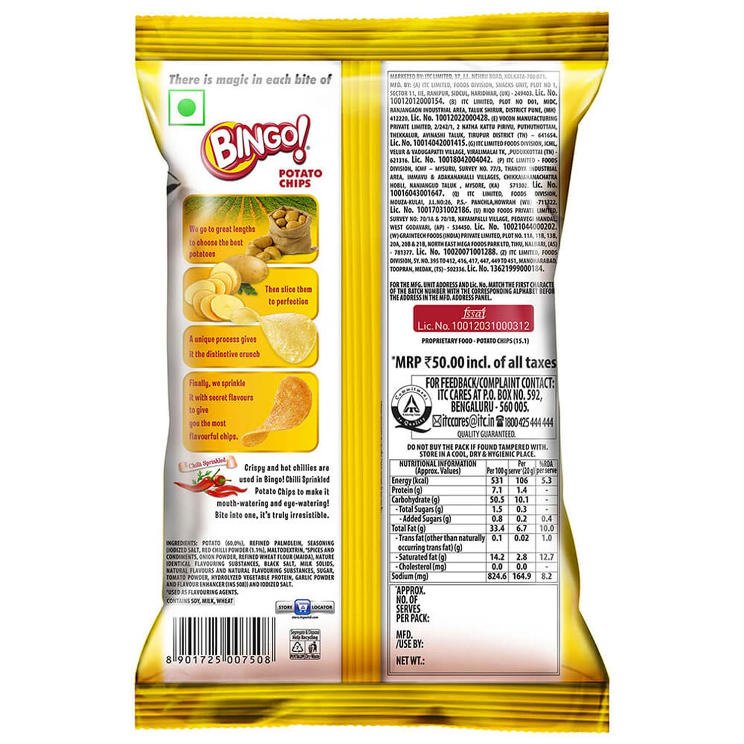 Bingo Original Style Chilli Sprinkled Spicy Potato Chips - 90 g