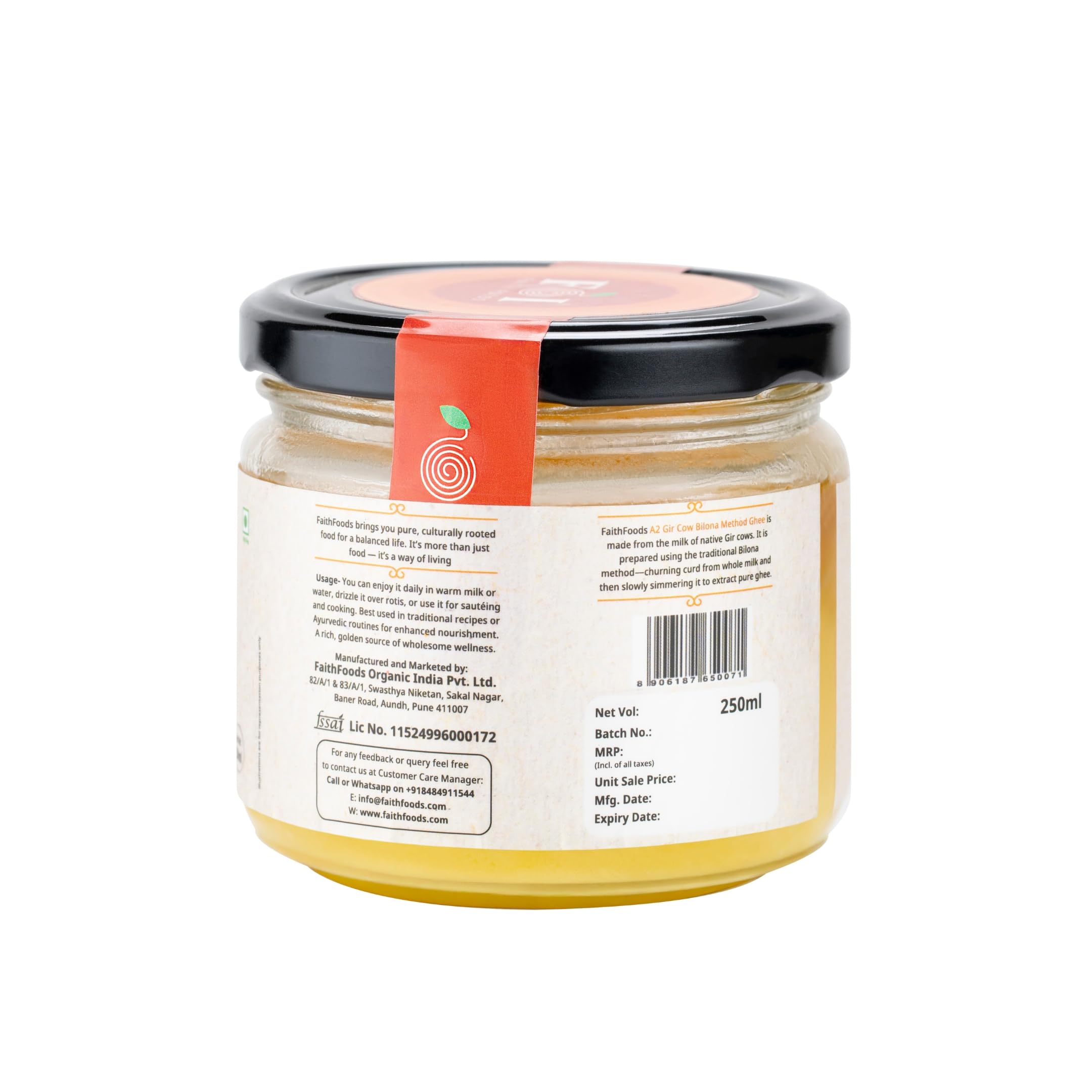 Faith Foods Premium A2 Gir Cow Ghee - 250 ml