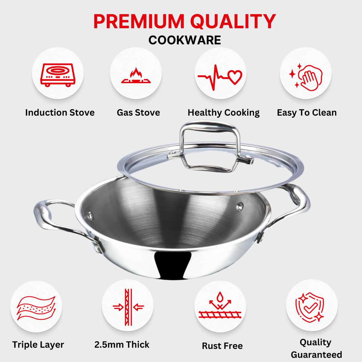 Vinod Platinum Extra deep Triply Stainless Steel Kadai with Steel Lid - 1.8 L (18cm) - EDPTKD18