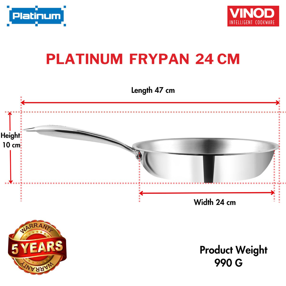 Vinod Platinum Triply Stainless Steel Frypan - 24 cm - PTF24