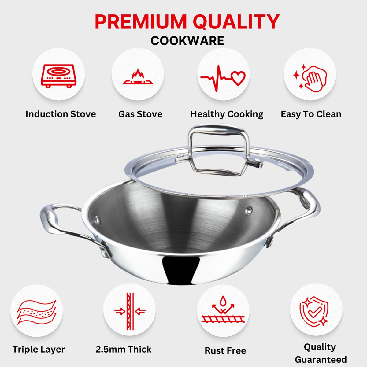 Vinod Platinum Triply Stainless Steel Kadai with Lid - 3.7 L(28cm) - PTKD28