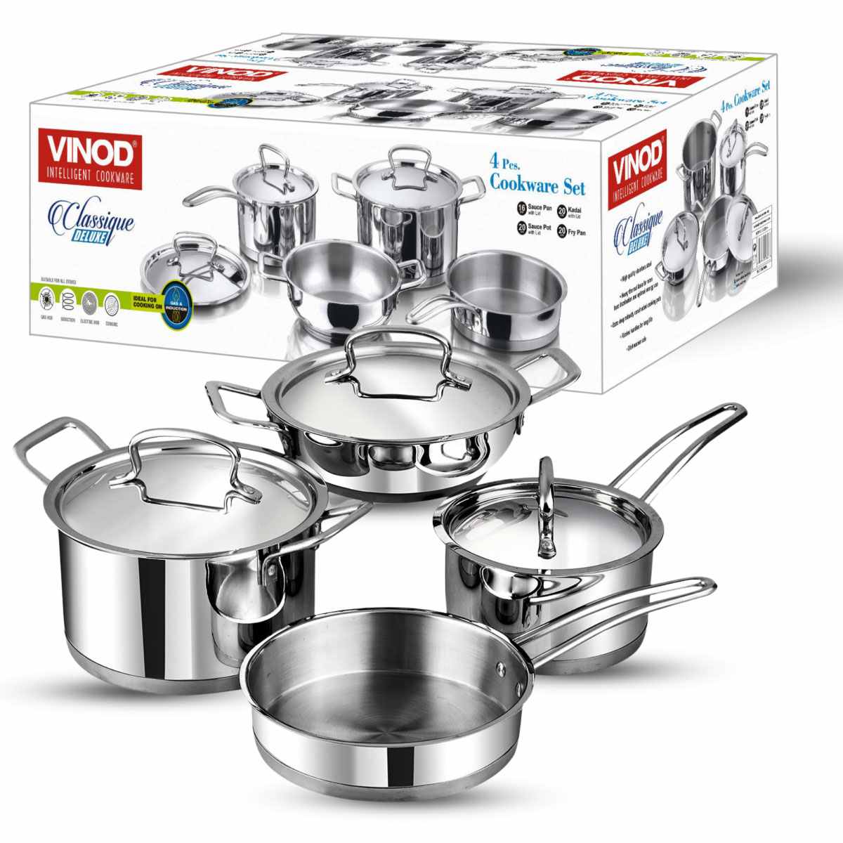 Vinod Classique Deluxe Stainless Steel Cookware - Set of 4 - DLXCLA4