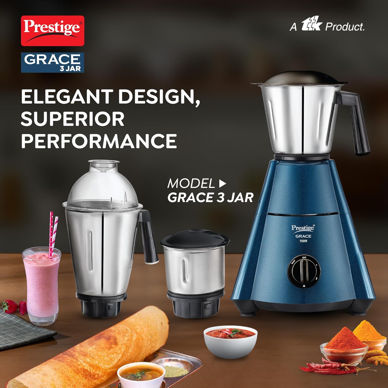 Steelhouse Prestige 750 Watts Grace Mixer Grinder with 3 Stainless Steel Jars - 1 Pc