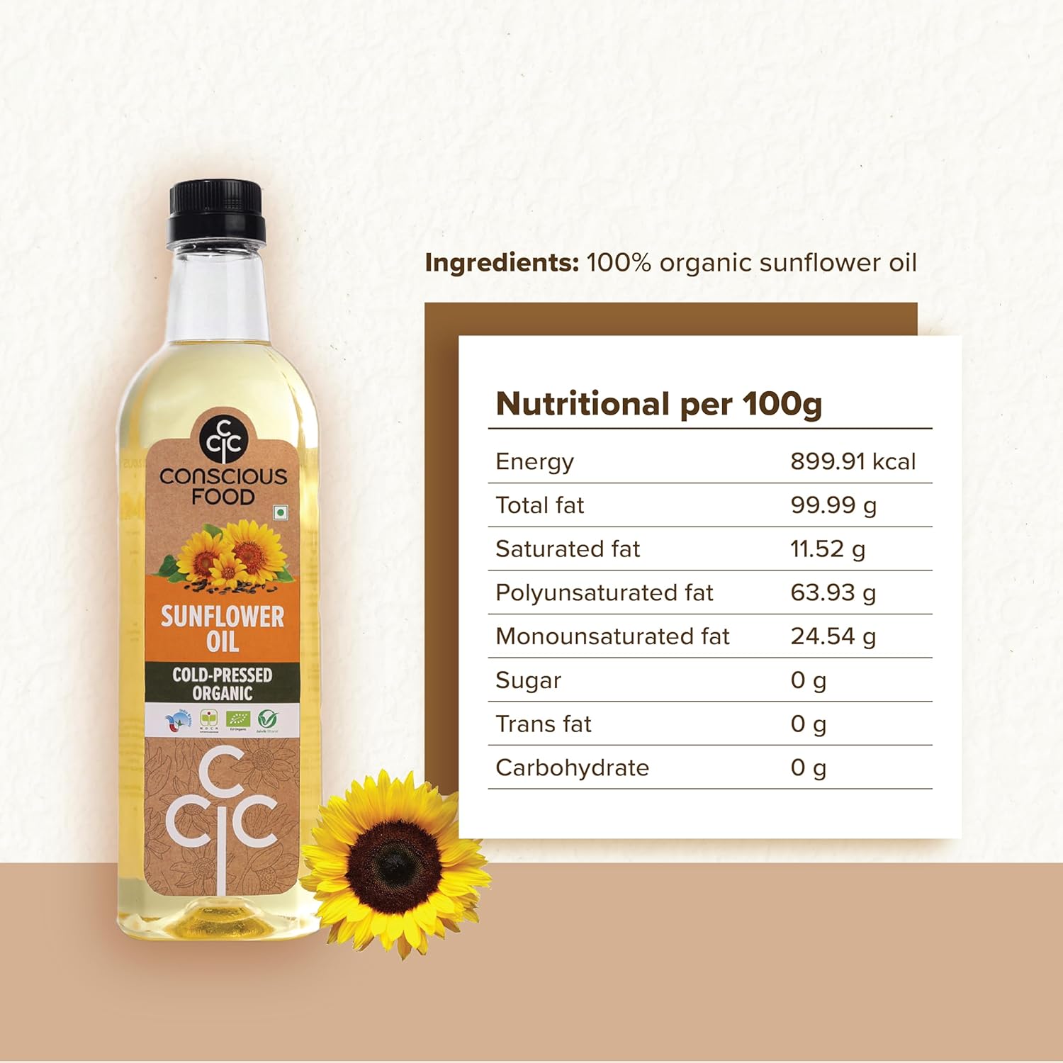 Conscious Food Cold Pressed Sunflower oil (Certified ORGANIC) - 500 ml