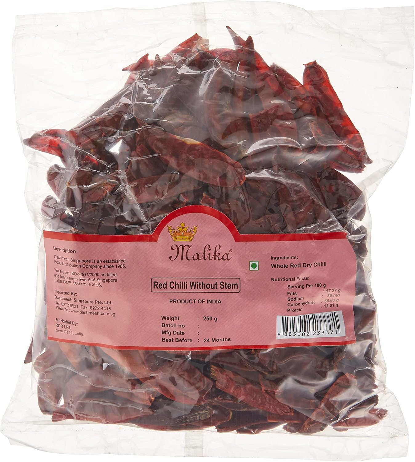 Malika Red Dry Chilli Without Stem - 250 g