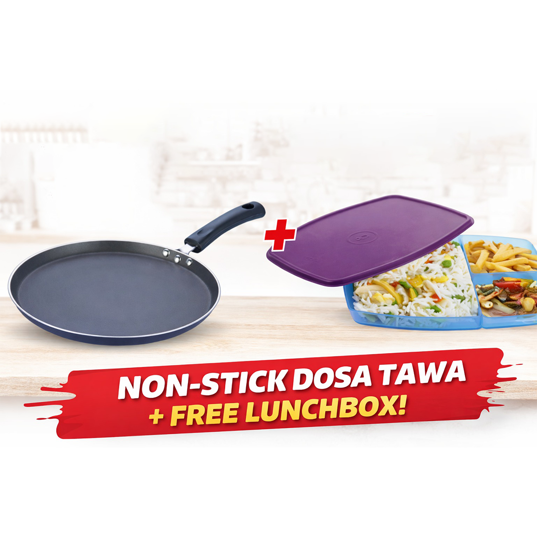 Vinod Zest Aluminium Non Stick Dosa Omni Tawa - 28cm - ZOT28 + FREE Lunch Box 1 Pc