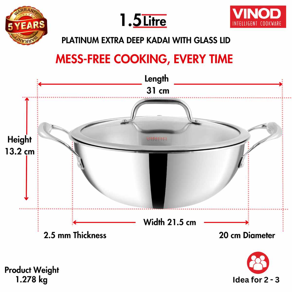 Vinod Platinum Triply Stainless Steel Extra Deep Kadai / Kadhai with SS Lid - 1.5 L - EDPTKD20