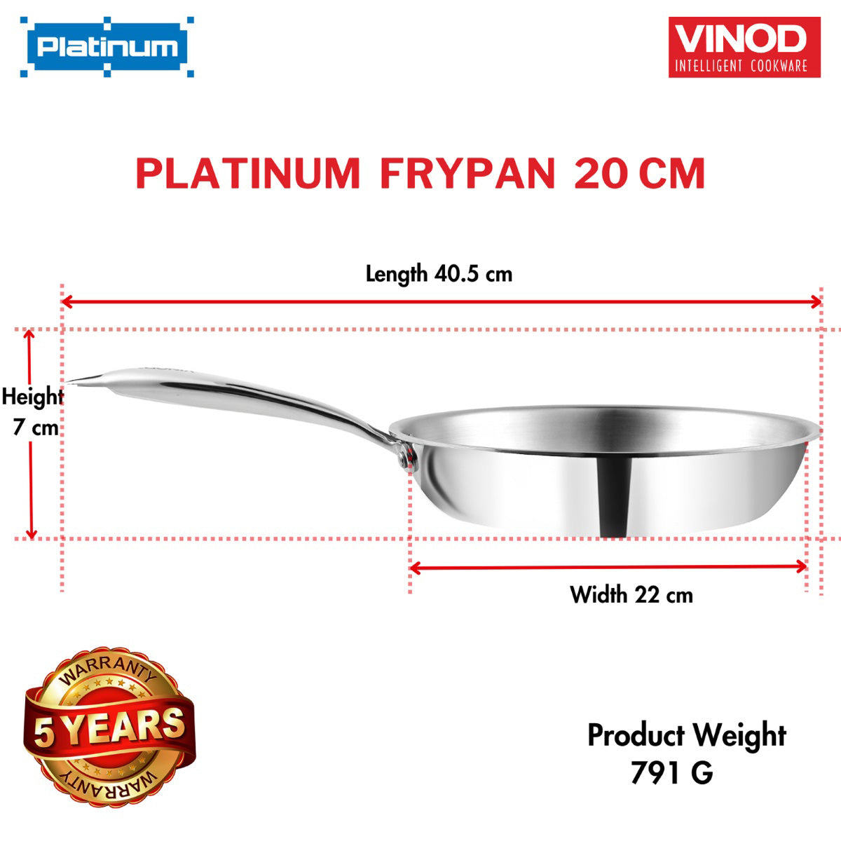 Vinod Platinum Triply Stainless Steel Frypan - 20 cm - PTF20