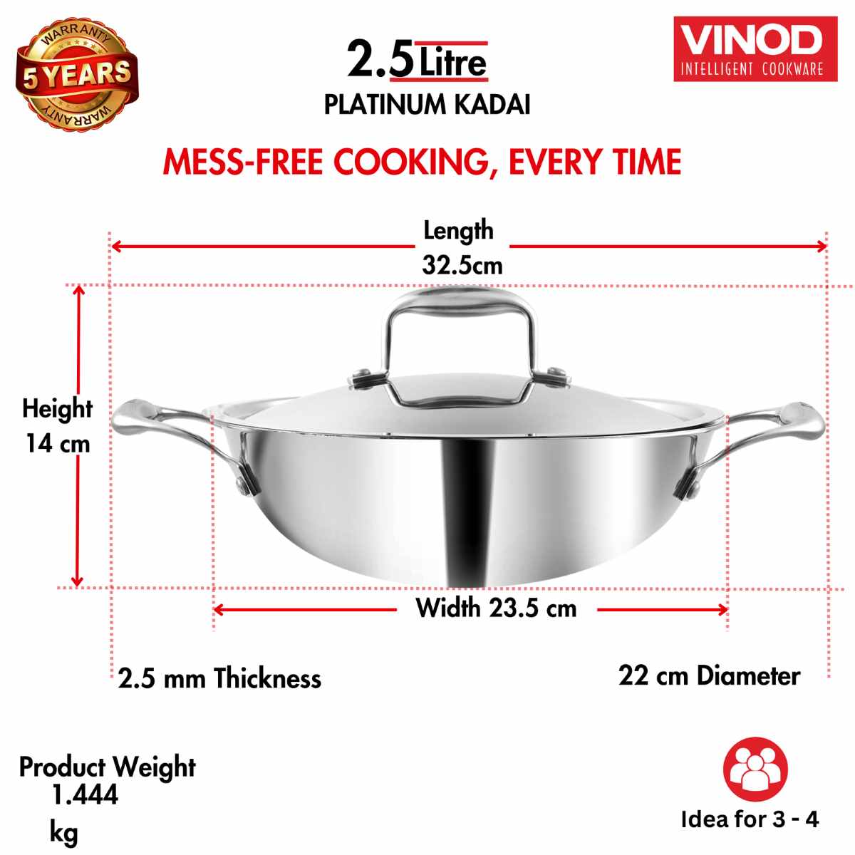Vinod Platinum Triply Stainless Steel Kadai with Lid - 2.5L (22cm) - EDPTKD22