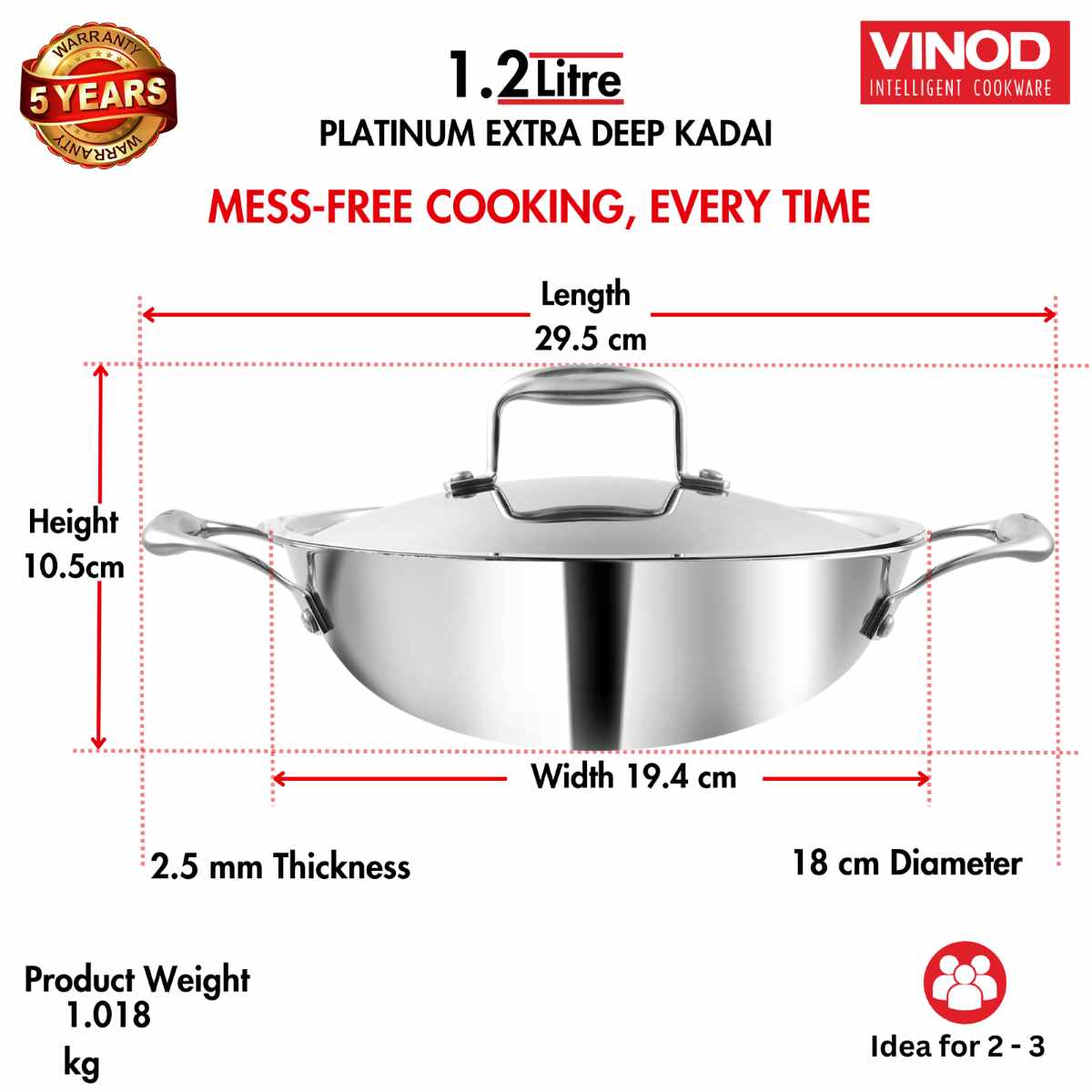 Vinod Platinum Extra deep Triply Stainless Steel Kadai with Steel Lid - 1.8 L (18cm) - EDPTKD18