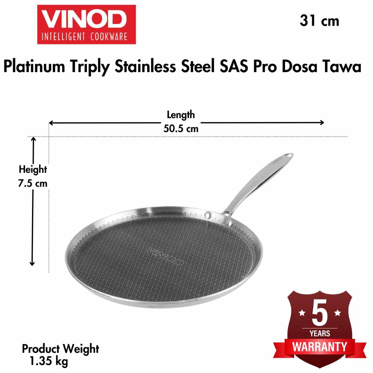 Vinod SAS Pro Platinum Triply Stainless Steel Dosa Tawa - 31 cm - EXPTDT31