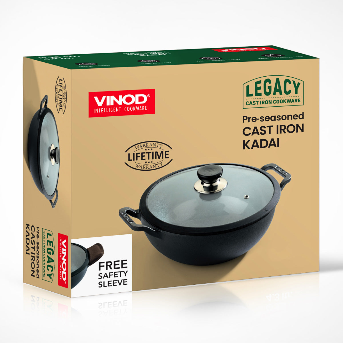 Vinod Legacy Pre Seasoned Cast Iron Kadai with Glass Lid - 2.4 L - LCIDK22