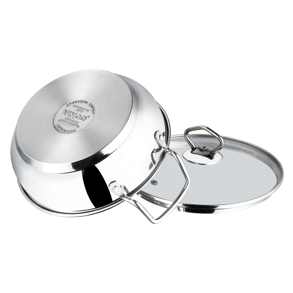 Vinod Stainless Steel Kadai with Glass Lid - 1.5 L (18 cm) (Induction Friendly) - IKD18