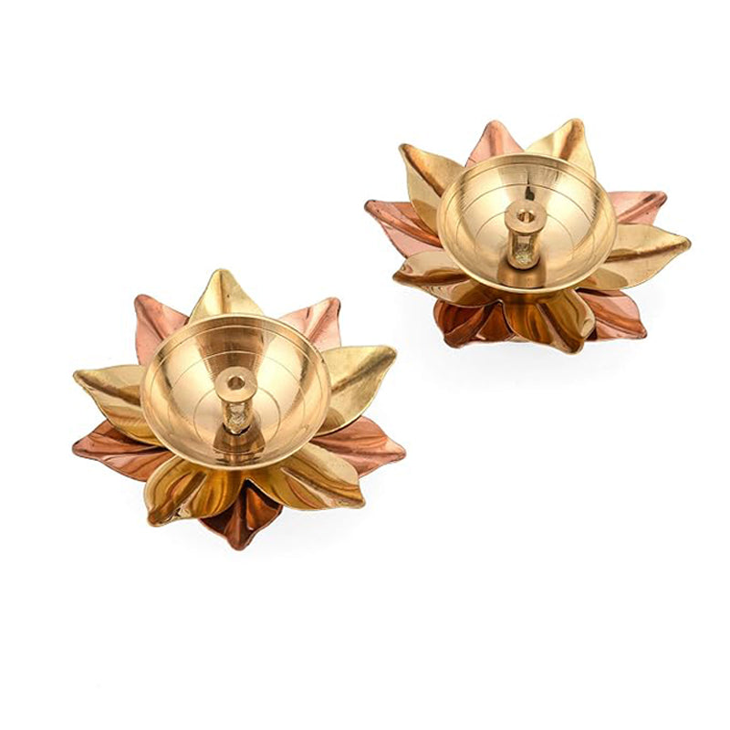Brass and Copper Flower Shaped Diya Size 6 - Set of 2