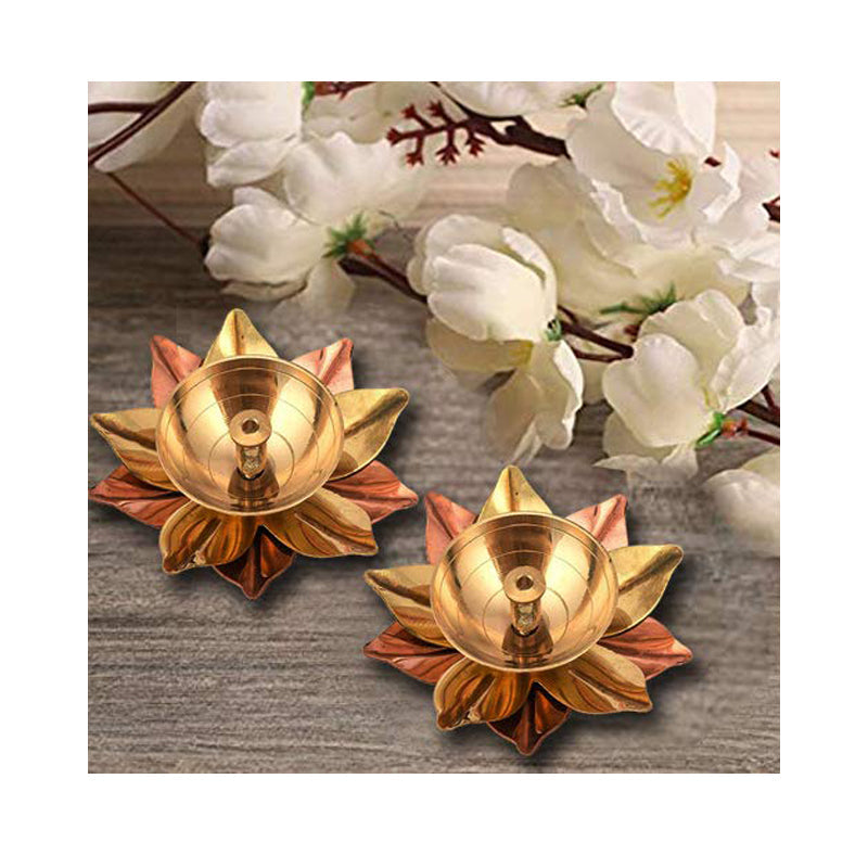 Brass and Copper Flower Shaped Diya Size 6 - Set of 2