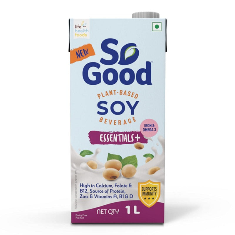 So Good Plant Based Soy Beverage Essential+ Source of Calcium Vitamins Iron and Folate Lactose Free Gluten Free No Preservatives Zero Cholesterol - 1 L